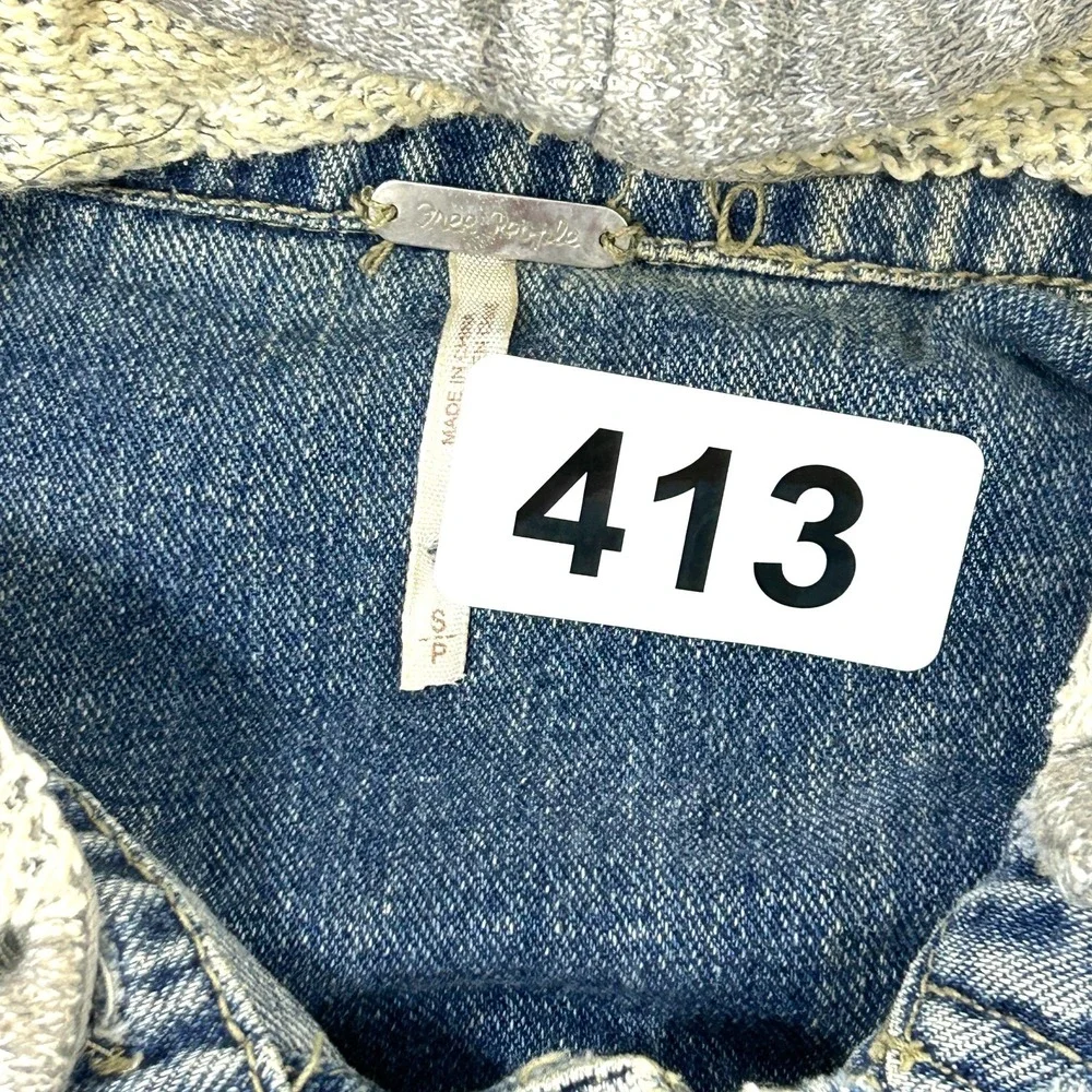 Free People Cotton Denim Jean Knit Hoodie Collared Layered Jacket Blue Gray S - Picture 3 of 12